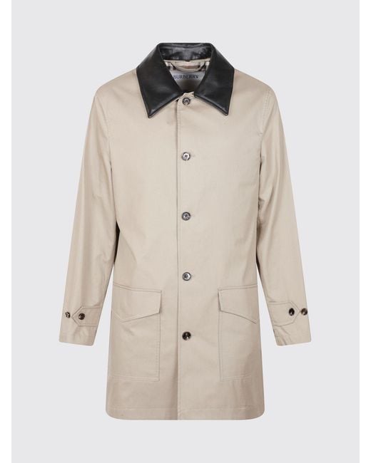 Burberry Natural Knee-Length Cotton Trench Coat With Contrast Leather Collar for men
