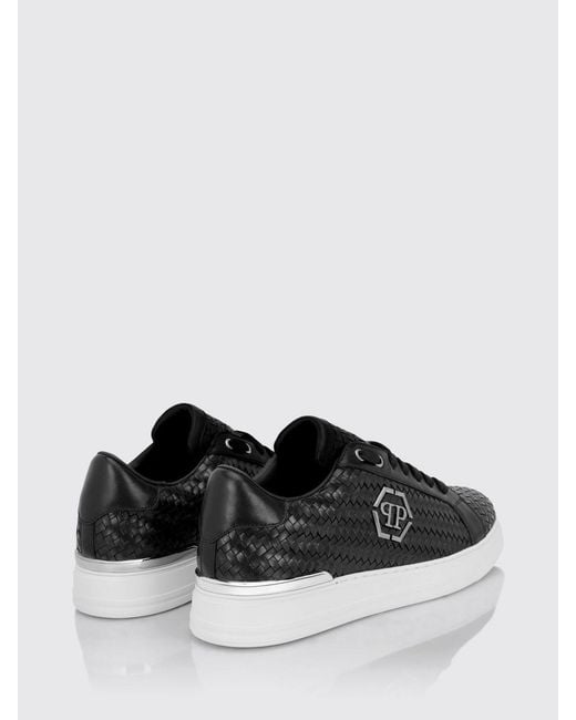 Philipp Plein White Woven Leather Low-Top Sneakers With Hexagon Logo for men