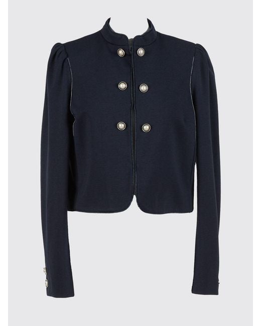 Twinset Blue Cropped Viscose Jacket With Mandarin Collar And Pearl Embellishments