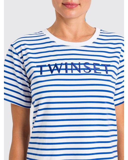Twinset Blue Striped Cotton T-Shirt With Logo