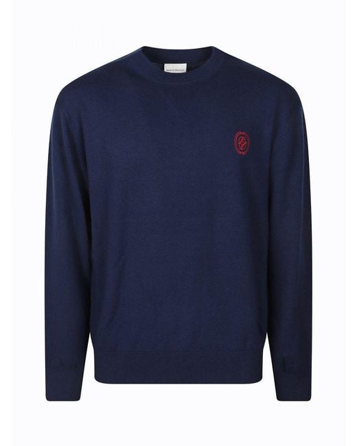 Drole de Monsieur Blue Merino Wool Blend Crewneck Jumper With Embroidered Logo for men