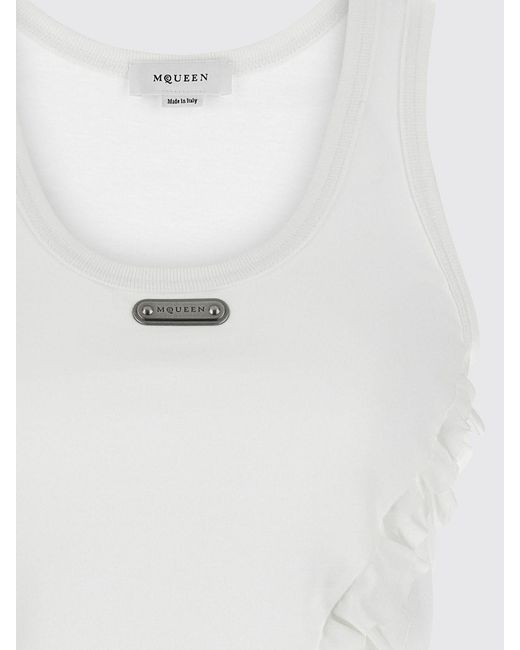McQueen White Asymmetric Cotton Top With Ruffles