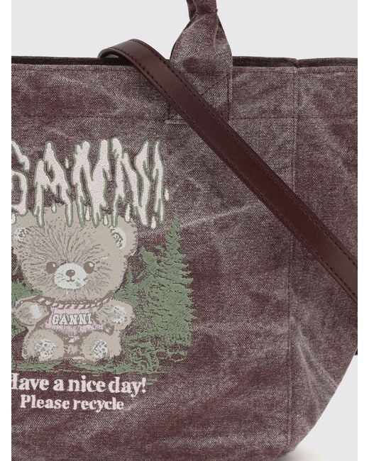 Ganni Blue Medium Recycled Cotton Tote Bag With Teddy Bear Print
