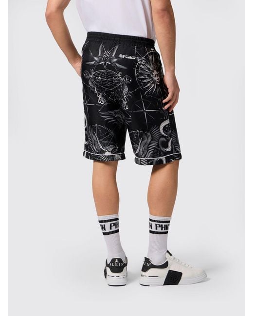 Philipp Plein Black Silk Jogging Shorts With Graphic Print And Drawstring for men