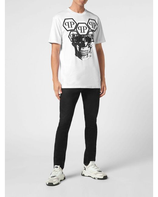 Philipp Plein White Cotton T-Shirt With Skull Print And Rhinestone Hexagon Logo for men
