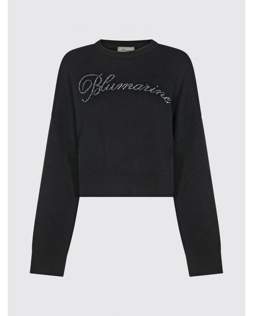 Blumarine Blue Rhinestone Logo Wool Crewneck Jumper With Dropped Shoulders