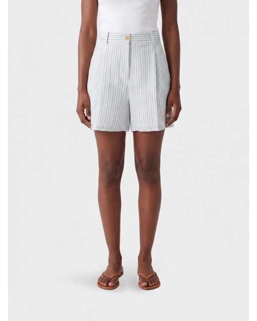 Semicouture White High-Waisted Striped Linen Shorts With Belt Loops