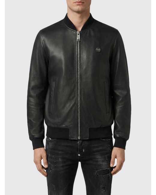 Philipp Plein Black Leather Bomber Jacket for men