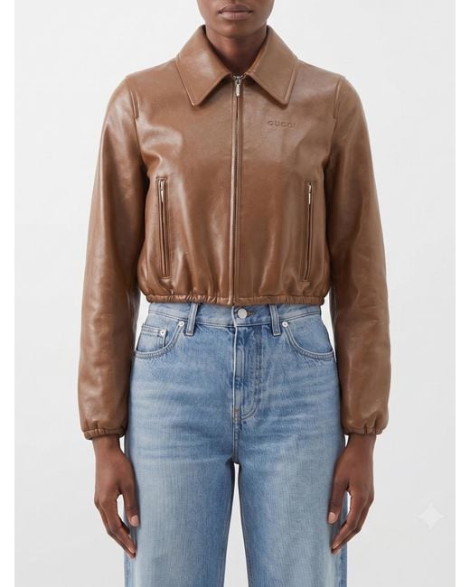Gucci Blue Cropped Lamb Leather Jacket With Zip Closure
