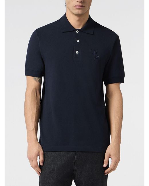Billionaire Blue Short-Sleeved Cotton Polo Shirt With Hexagonal Logo And Ribbed Collar for men