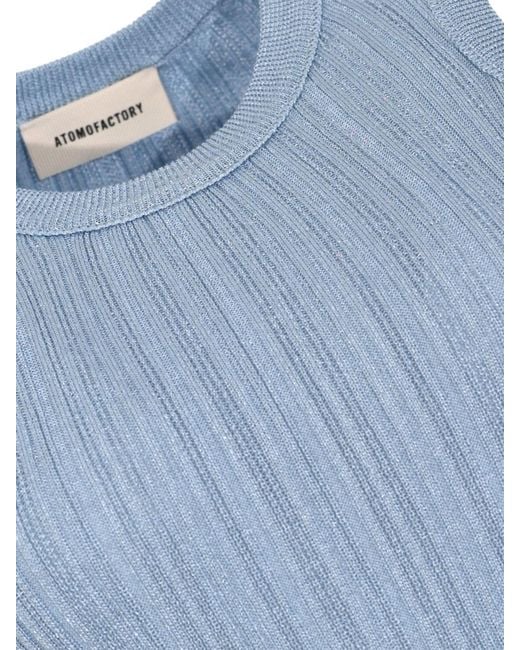 Atomo Factory Blue Viscose Blend Off-Shoulder Crew Neck Top With Slim Fit