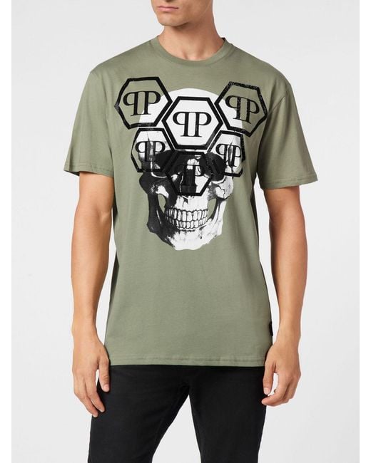 Philipp Plein Green Cotton T-Shirt With Skull Print And Rhinestone Hexagon Logo for men