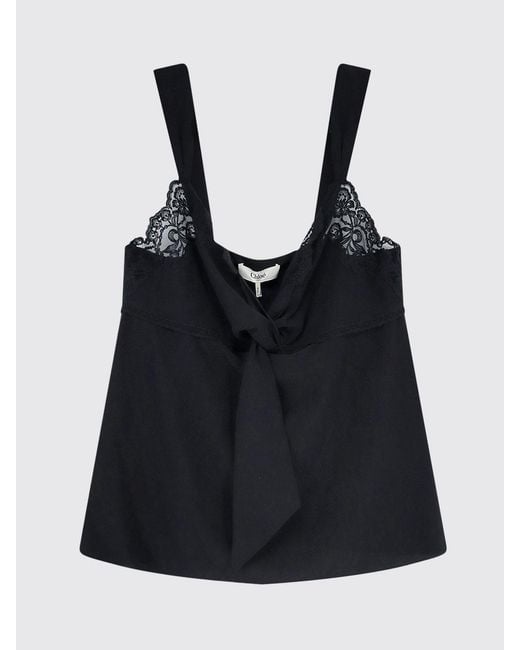 Chloé Blue Chlo&Eacute V-Neck Pure Silk Top With Embroidered Lace Inserts