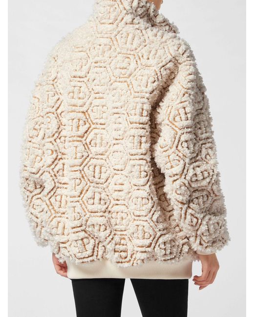 Philipp Plein Natural Cropped High-Neck Fleece Jacket With Hexagon Logo