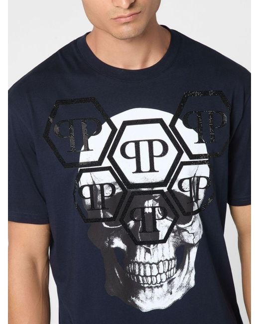 Philipp Plein Blue Cotton T-Shirt With Skull Print And Rhinestone Hexagon Logo for men