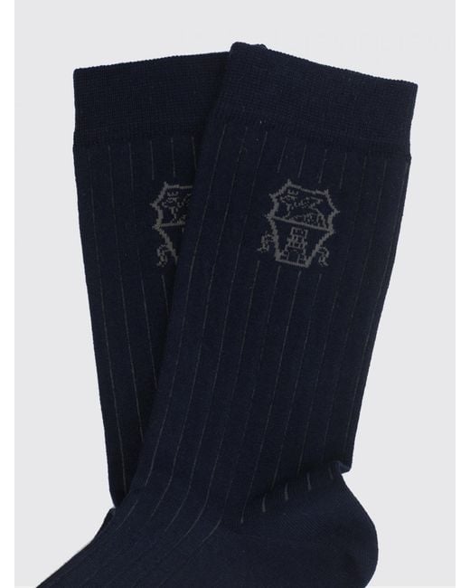Brunello Cucinelli Blue Ribbed Cotton Socks With Logo for men