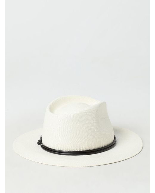 Cappello Fedora in paglia con fascia in pelle e monile di Brunello Cucinelli in White