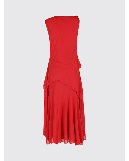 Ganni Red Asymmetrical Off-The-Shoulder Midi Dress
