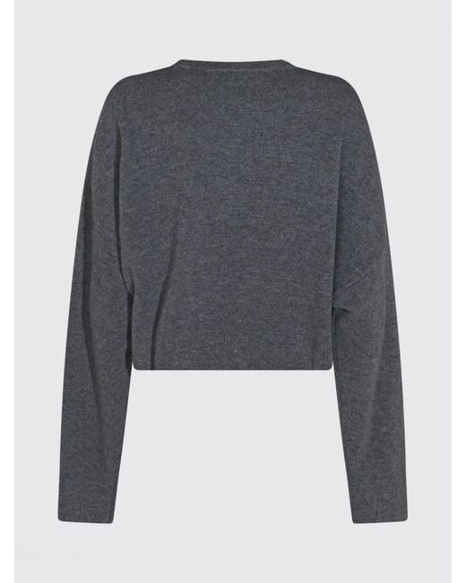 Blumarine Gray Rhinestone Logo Wool Crewneck Jumper With Dropped Shoulders
