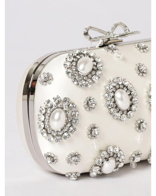 Self-Portrait Natural Satin Clutch With Rhinestones And Faux Pearls