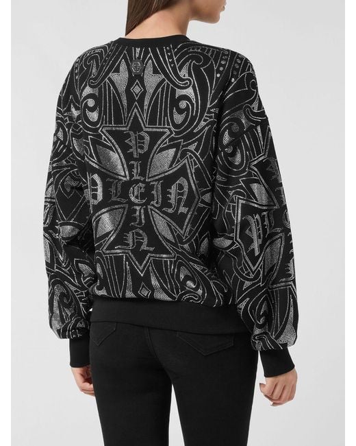 Philipp Plein Black Jersey Sweatshirt With Rhinestone Monogram And Dropped Shoulders