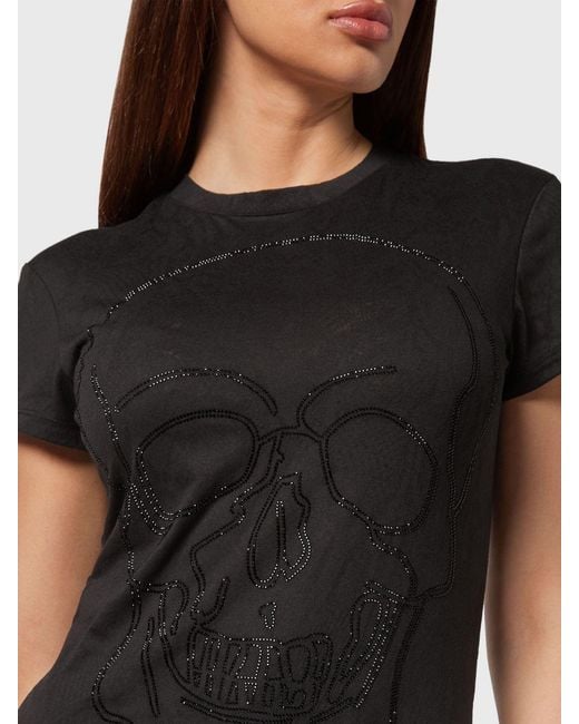 Philipp Plein Black Slim Fit Cotton T-Shirt With Skull Print And Rhinestones