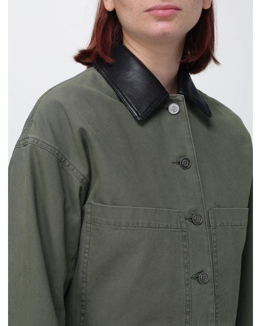 Anine Bing Green Yuma Cotton Shirt Jacket With Contrast Leather Collar