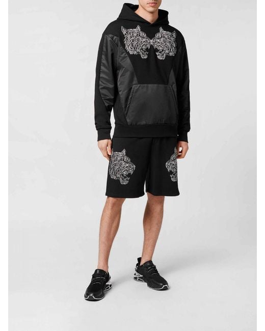 Philipp Plein Black Graphic Print Technical Fabric Hoodie With Kangaroo Pocket for men