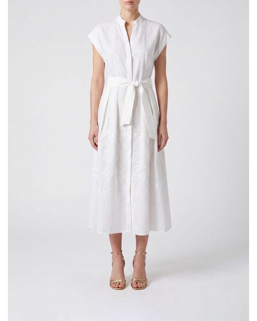 Eleventy White Linen Midi Chemisier Dress With Belt And Mandarin Collar