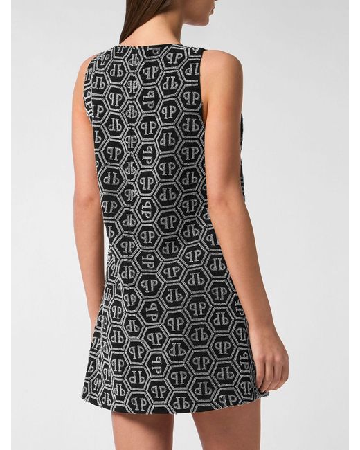 Philipp Plein Black Off-The-Shoulder A-Line Crêpe Mini Dress With Rhinestone Logo