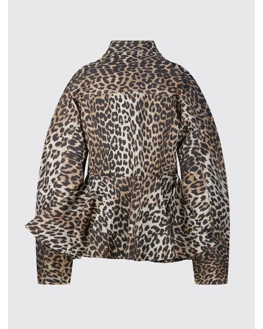 Ganni Black Animal Print Organic Cotton Peplum Shirt