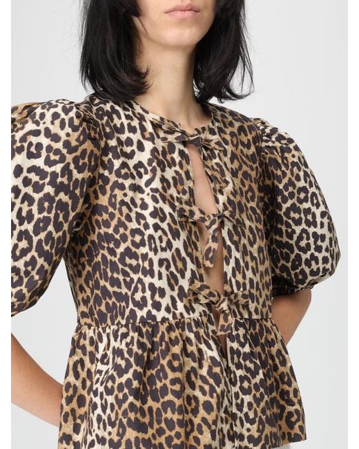 Ganni Black Animal Print Cotton Poplin Blouse