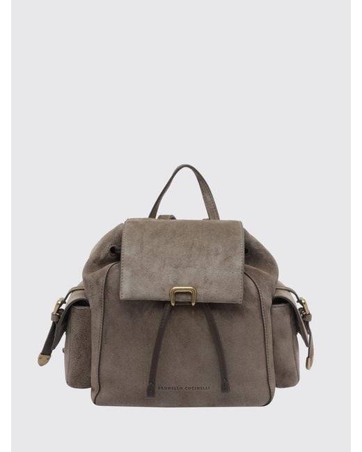 Brunello Cucinelli Gray Small Suede Backpack With Drawstring Closure And Monili