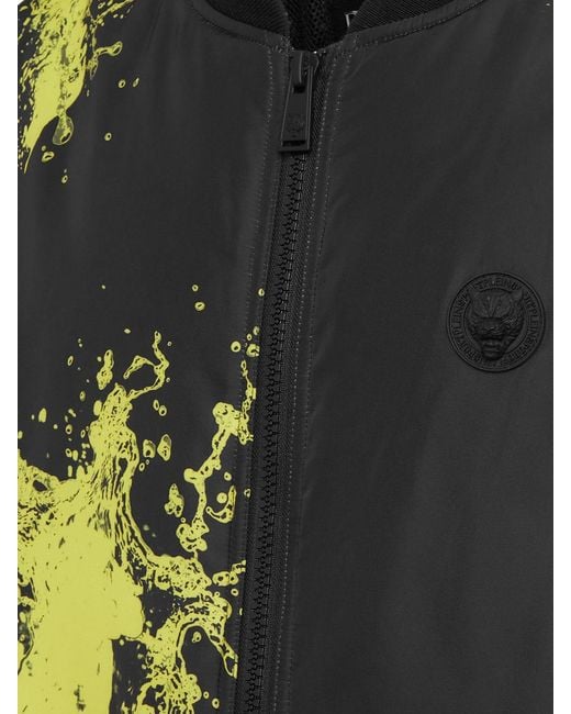 Philipp Plein Black Splash Abstract Print Technical Fabric Bomber Jacket With Contrast Logo for men
