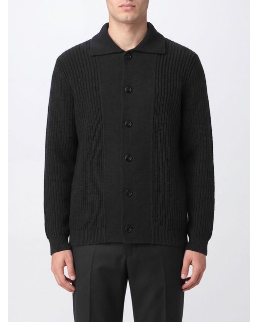 Lardini Black Wool And Cashmere Cardigan With Classic Collar And Ribbed Knit for men