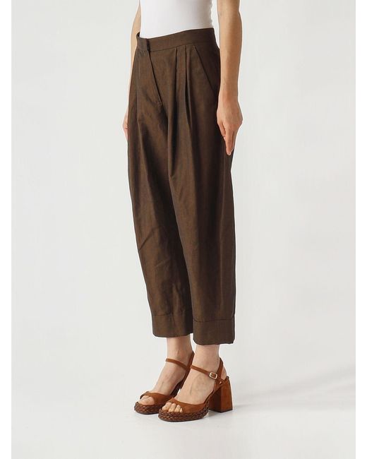 PT Torino Brown Cropped Fit Cotton And Linen Trousers