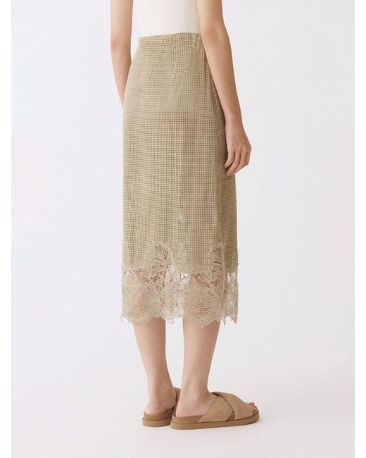 Fabiana Filippi Natural Perforated Suede Midi Skirt With Lace Inserts