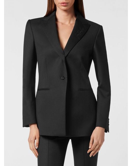 Philipp Plein Black Single-Breasted Cropped Wool-Blend Blazer With Peak Lapels