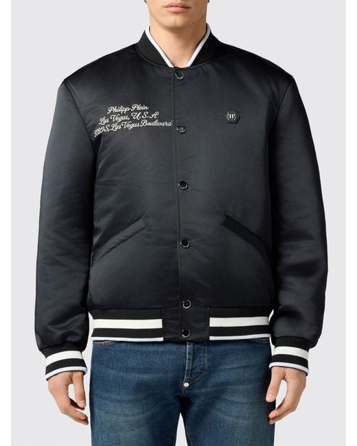 Philipp Plein Black Shiny Satin Varsity Padded Bomber for men