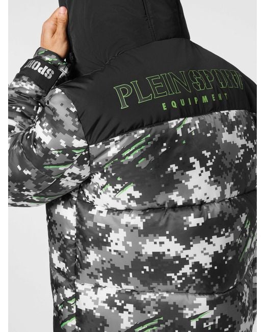 Philipp Plein Black Hooded Camouflage Puffer Jacket for men