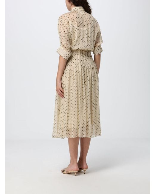 Crida Milano Natural Polka-Dot Silk Chiffon Midi Chemisier Dress With Long Sleeves