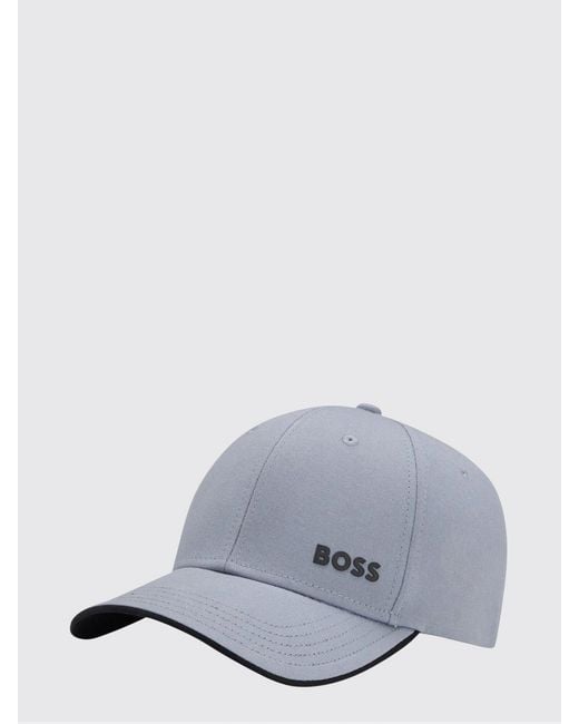 Boss Gray Cotton Hat With Logo Print for men