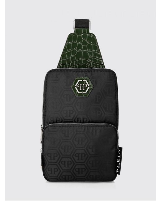 Philipp Plein Black Logo Nylon And Crocodile Print Leather Bag for men
