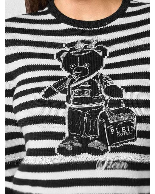 Philipp Plein Black Striped Cotton Crewneck Sweater With Teddy Bear Print