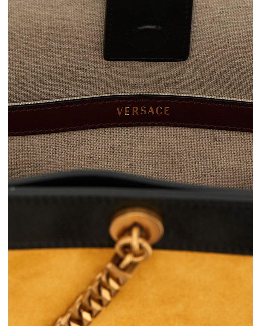 Versace White Pivot Suede Bucket Bag With Medusa Logo And Metal Mesh