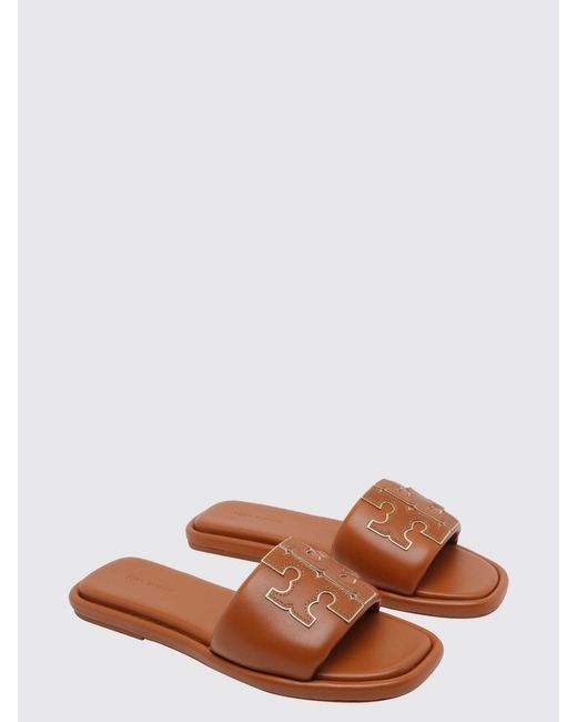 Tory Burch Brown Double T Sport Smooth Leather Slide Sandals With Logo