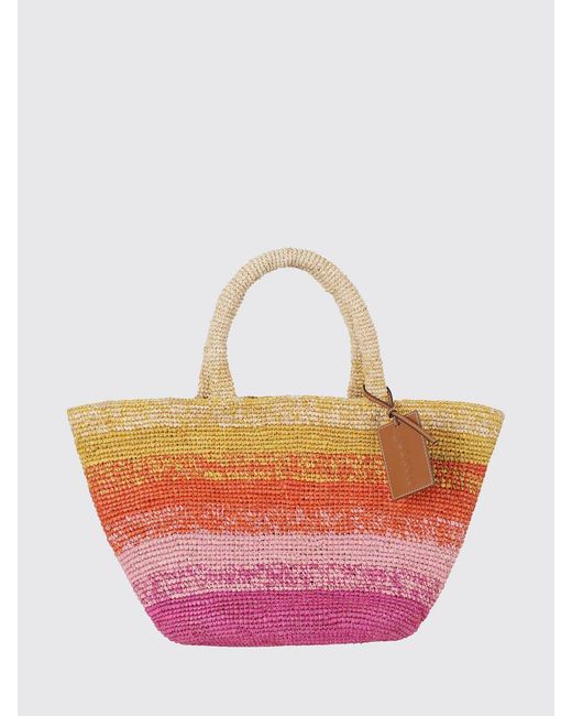 Manebí Pink Multicolour Striped Raffia Handbag With Logo Charm