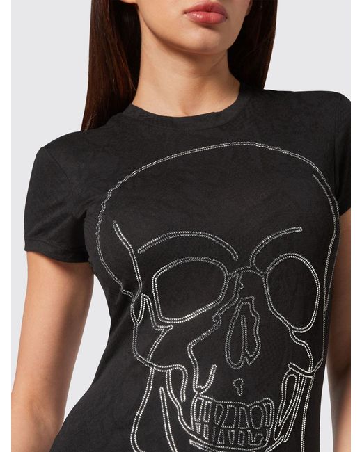 Philipp Plein Black Slim Fit Cotton T-Shirt With Skull Print And Rhinestones