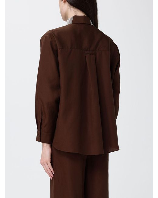 Hanita Brown Linen Blend Shirt With Embroidery