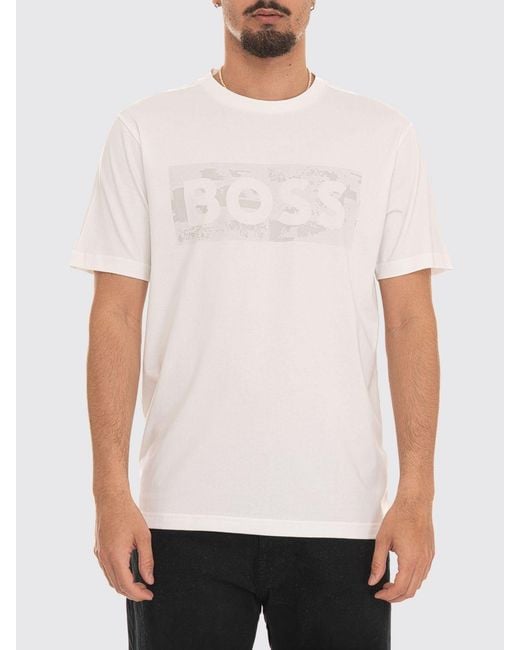 Boss White Cotton Crew-Neck T-Shirt With Printed Logo On The Chest for men